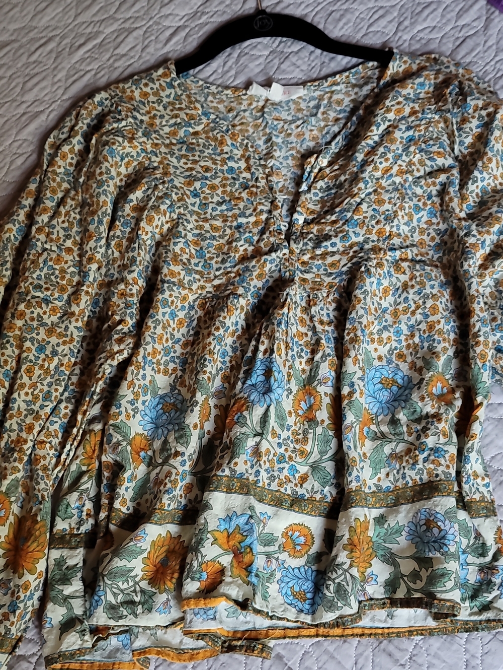 Solitaire Boho Floral Puff Sleeve Blouse Blue Orange V-Neck Size Small